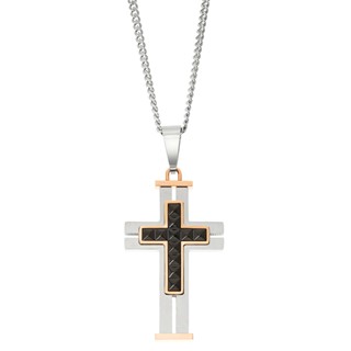 IBGoodman Stainless Steel Black and Rose IP-plated with Black Spinel Cross with 24 inch Curb Chain Necklace