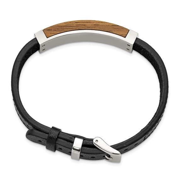 IBGoodman Stainless Steel Walnut Wood Leather 7 to 9 inch Bracelet