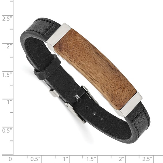 IBGoodman Stainless Steel Walnut Wood Leather 7 to 9 inch Bracelet