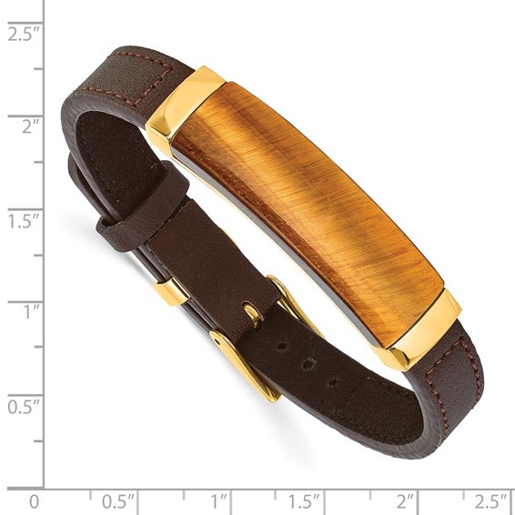 IBGoodman Stainless Steel Yellow IP-plated Tiger's Eye Brown Leather 7 to 9 inch Bracelet