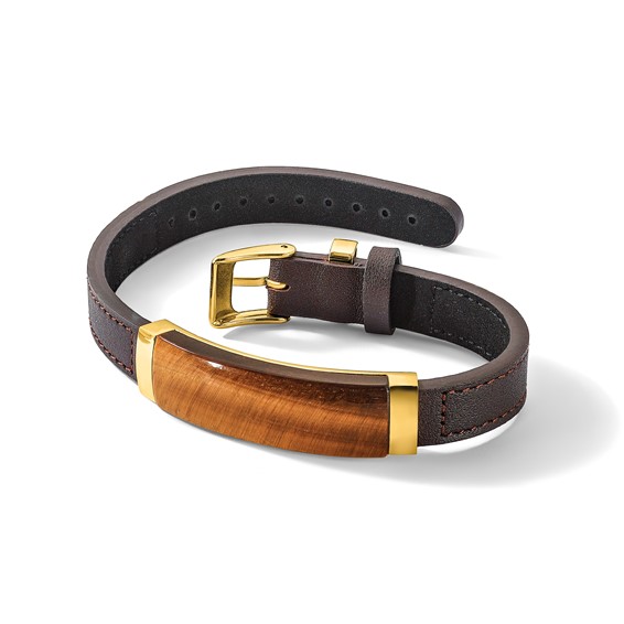 IBGoodman Stainless Steel Yellow IP-plated Tiger's Eye Brown Leather 7 to 9 inch Bracelet