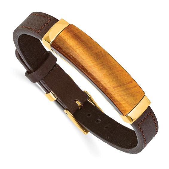 IBGoodman Stainless Steel Yellow IP-plated Tiger's Eye Brown Leather 7 to 9 inch Bracelet