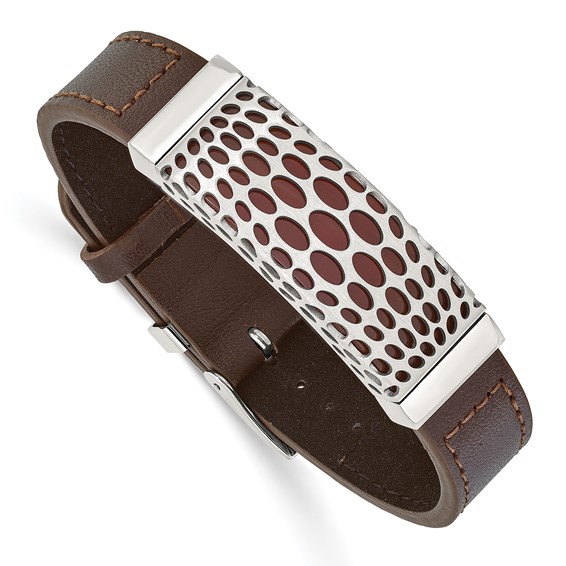 IBGoodman Stainless Steel Red Agate Brown Leather 7 to 9 inch Bracelet