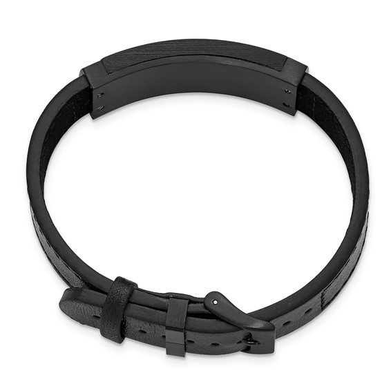 IBGoodman Stainless Steel Black IP-plated Solid Carbon Fiber Black Leather Bracelet