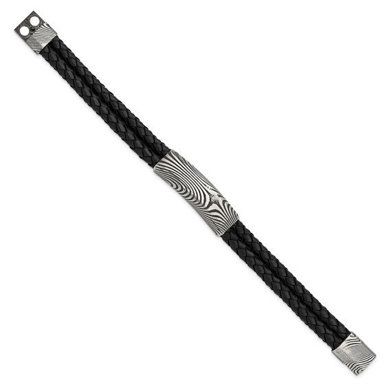 IBGoodman Stainless Steel with Damascus Steel Black Leather Bracelet