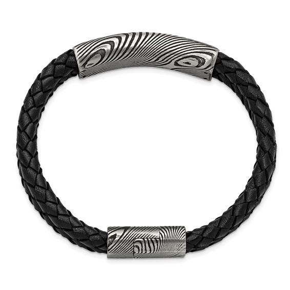 IBGoodman Stainless Steel with Damascus Steel Black Leather Bracelet