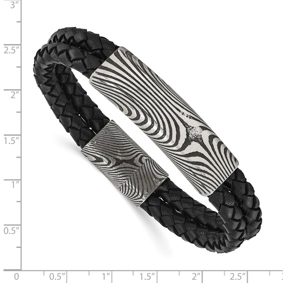 IBGoodman Stainless Steel with Damascus Steel Black Leather Bracelet