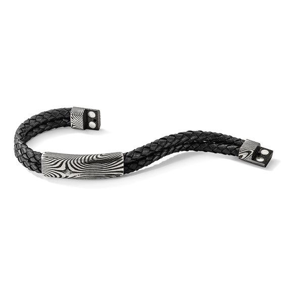 IBGoodman Stainless Steel with Damascus Steel Black Leather Bracelet