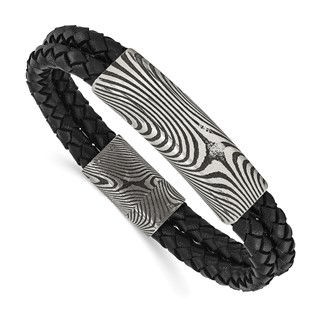 IBGoodman Stainless Steel with Damascus Steel Black Leather Bracelet