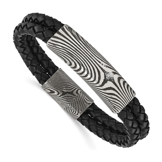 IBGoodman Stainless Steel with Damascus Steel Black Leather Bracelet