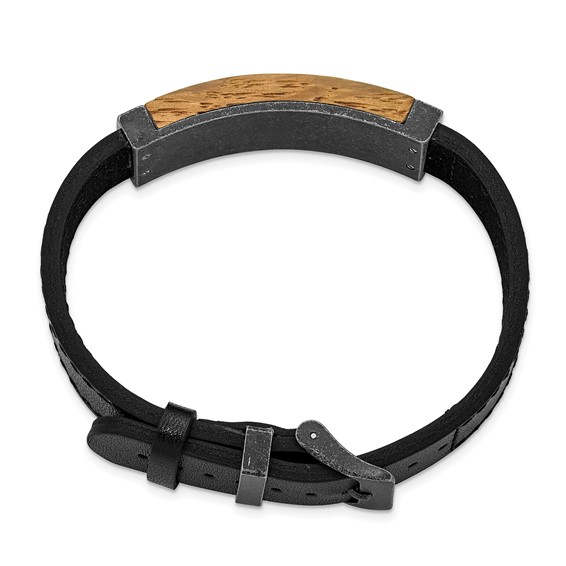 IBGoodman Stainless Steel Black IP-plated Bourbon Barrel Wood Black Leather Bracelet
