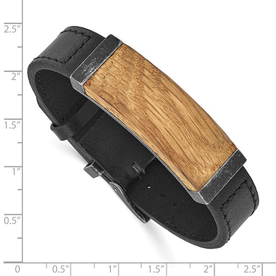 IBGoodman Stainless Steel Black IP-plated Bourbon Barrel Wood Black Leather Bracelet