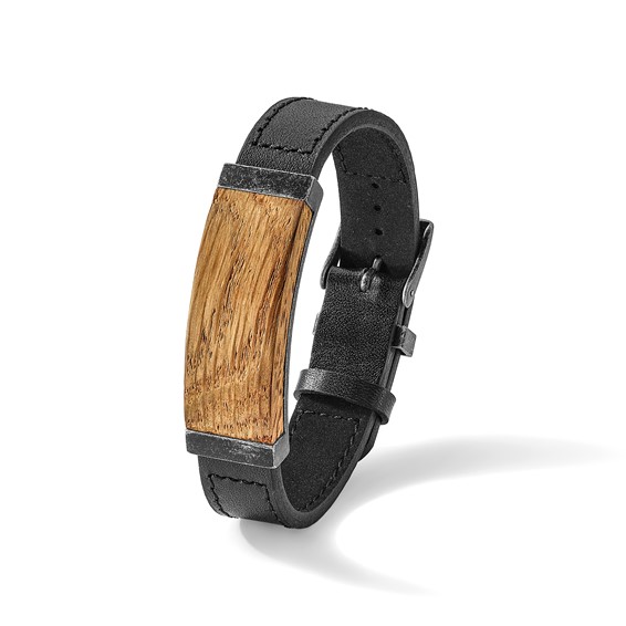 IBGoodman Stainless Steel Black IP-plated Bourbon Barrel Wood Black Leather Bracelet