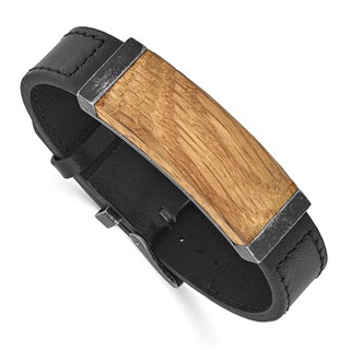 IBGoodman Stainless Steel Black IP-plated Bourbon Barrel Wood Black Leather Bracelet