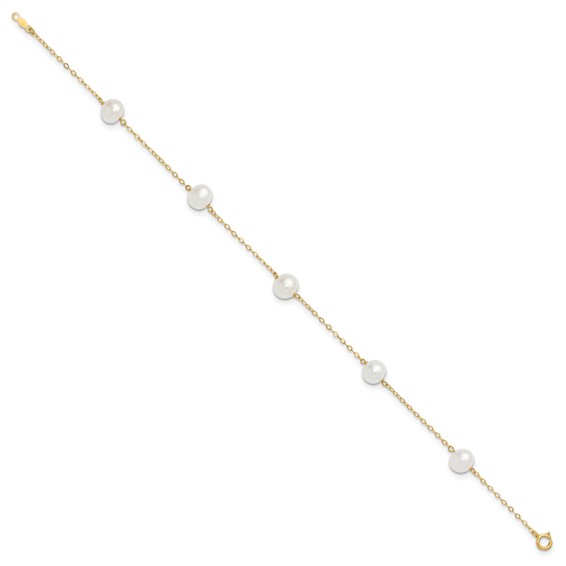 10k 7-8mm White Near-Round Freshwater Cultured Pearl 5-Station 9 inch Anklet