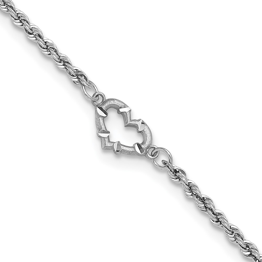 10k White Gold Diamond-cut Hollow Rope with Heart 9in Anklet (10ANK153-9)