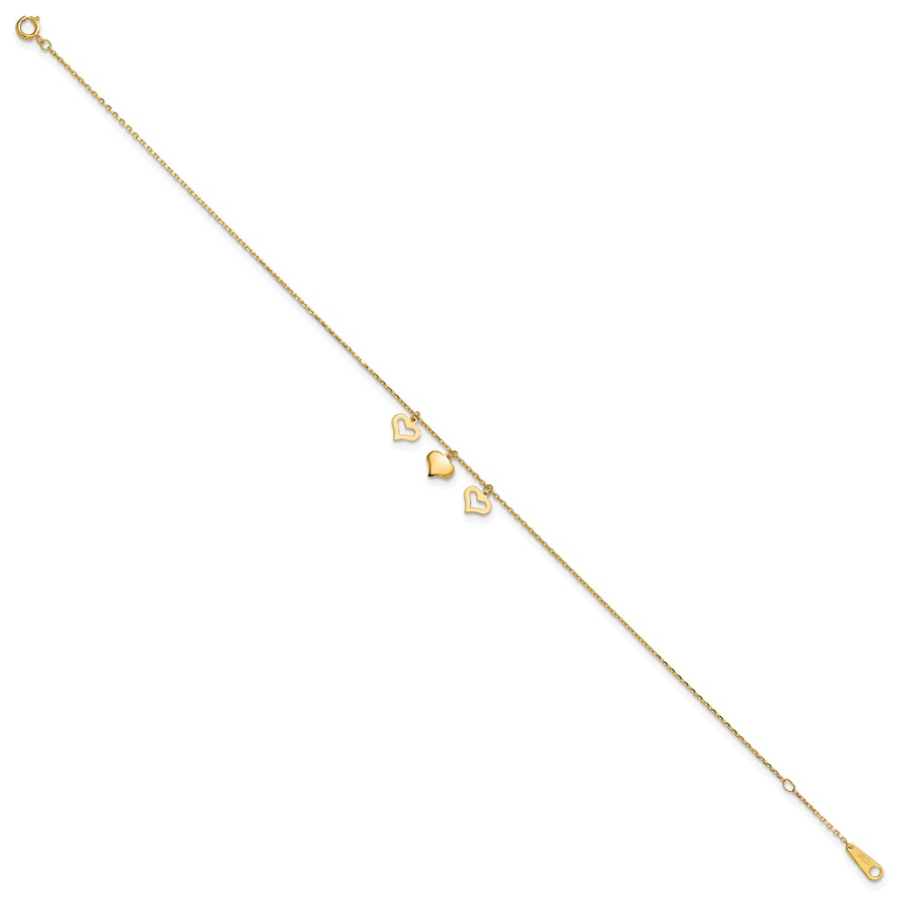 10k 3 Hearts 9in Plus 1in Extension Anklet (10ANK233-10)