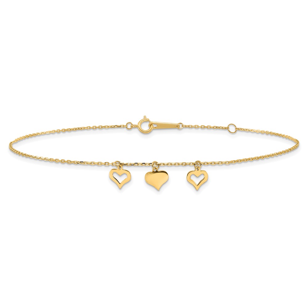 10k 3 Hearts 9in Plus 1in Extension Anklet (10ANK233-10)