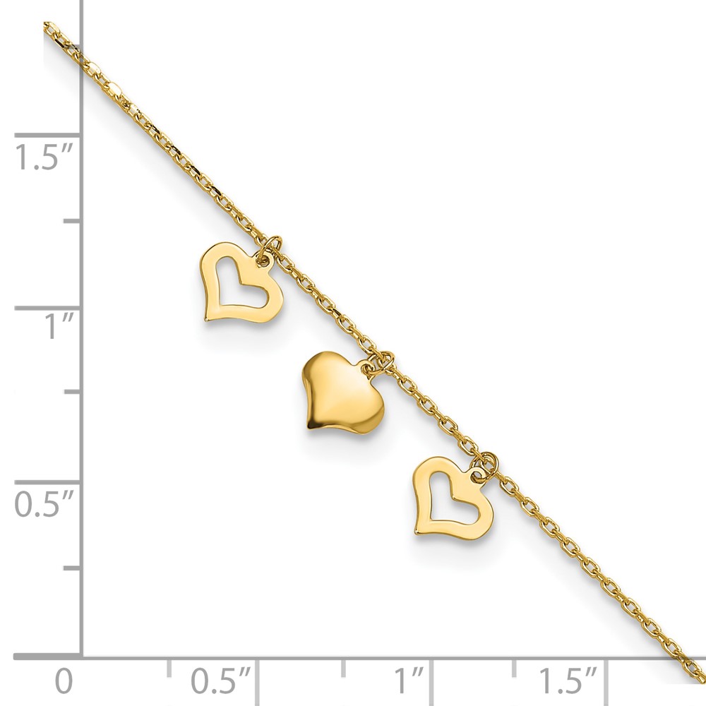 10k 3 Hearts 9in Plus 1in Extension Anklet (10ANK233-10)