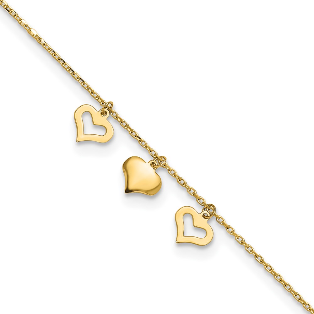 10k 3 Hearts 9in Plus 1in Extension Anklet (10ANK233-10)