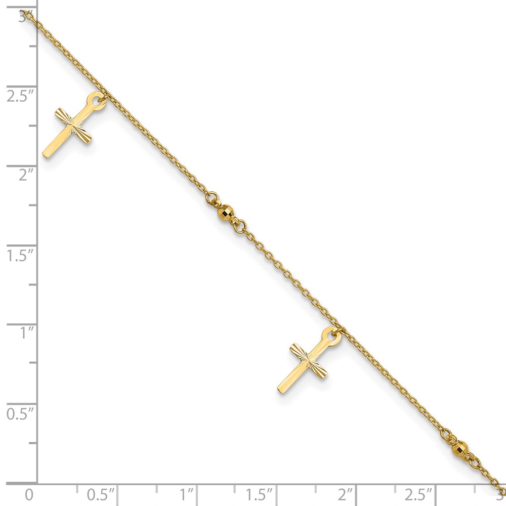 10k Polished and Textured Cross 9in Plus 1in ext. Anklet (10ANK267-9)