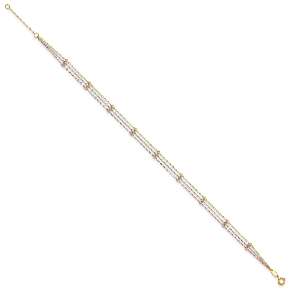 10k Tri-color 3-Strand Diamond-cut Beaded 9in Plus 1in ext Anklet (10ANK290-10)