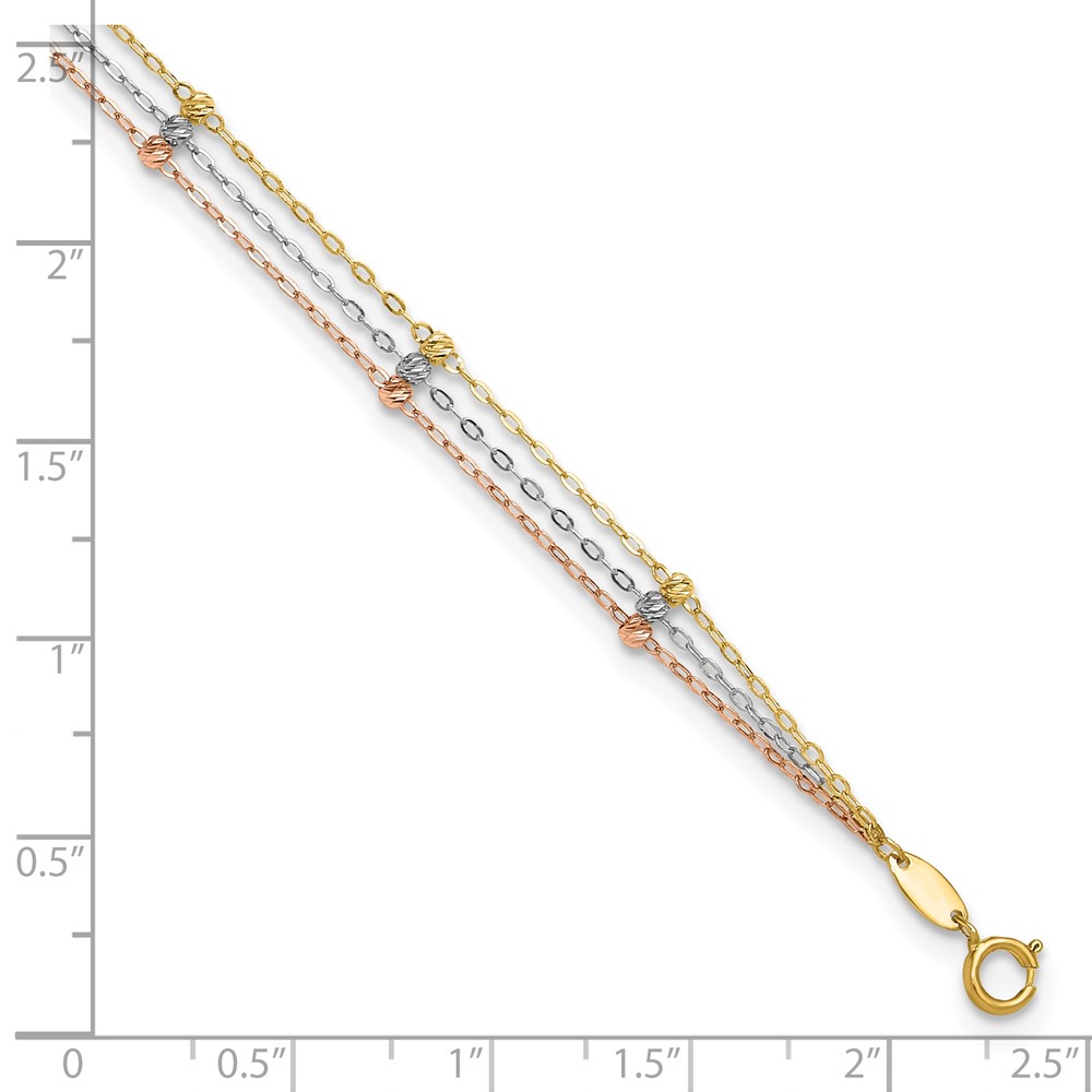10k Tri-color 3-Strand Diamond-cut Beaded 9in Plus 1in ext Anklet (10ANK290-10)