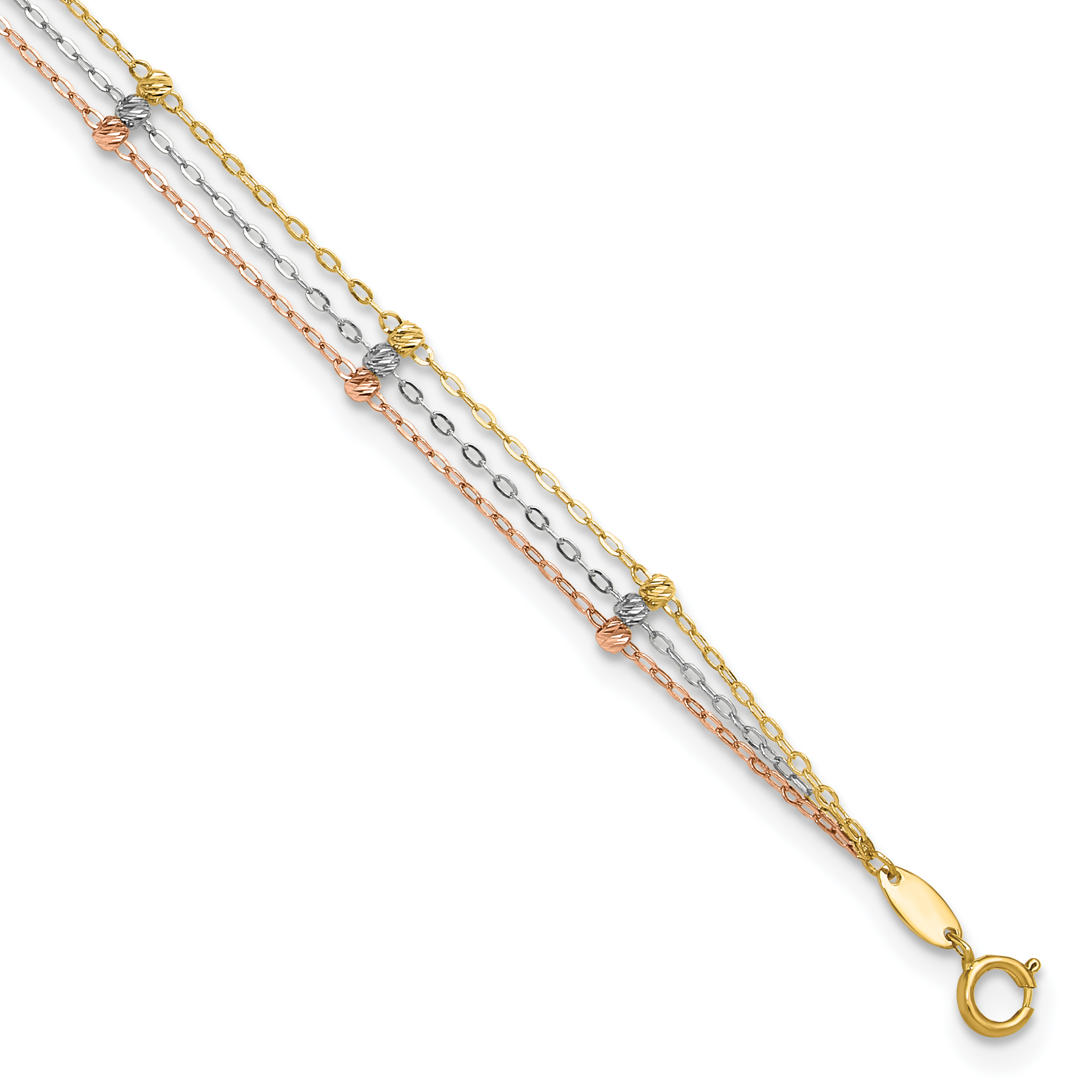 10k Tri-color 3-Strand Diamond-cut Beaded 9in Plus 1in ext Anklet (10ANK290-10)