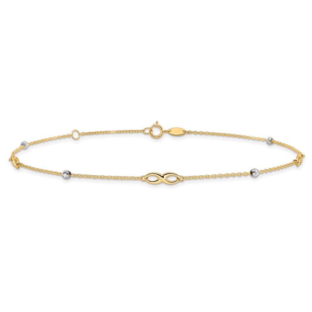 10K Two-Tone Diamond-cut Beads and Infinity 10in Plus 1in ext. Anklet (10ANK301-10)
