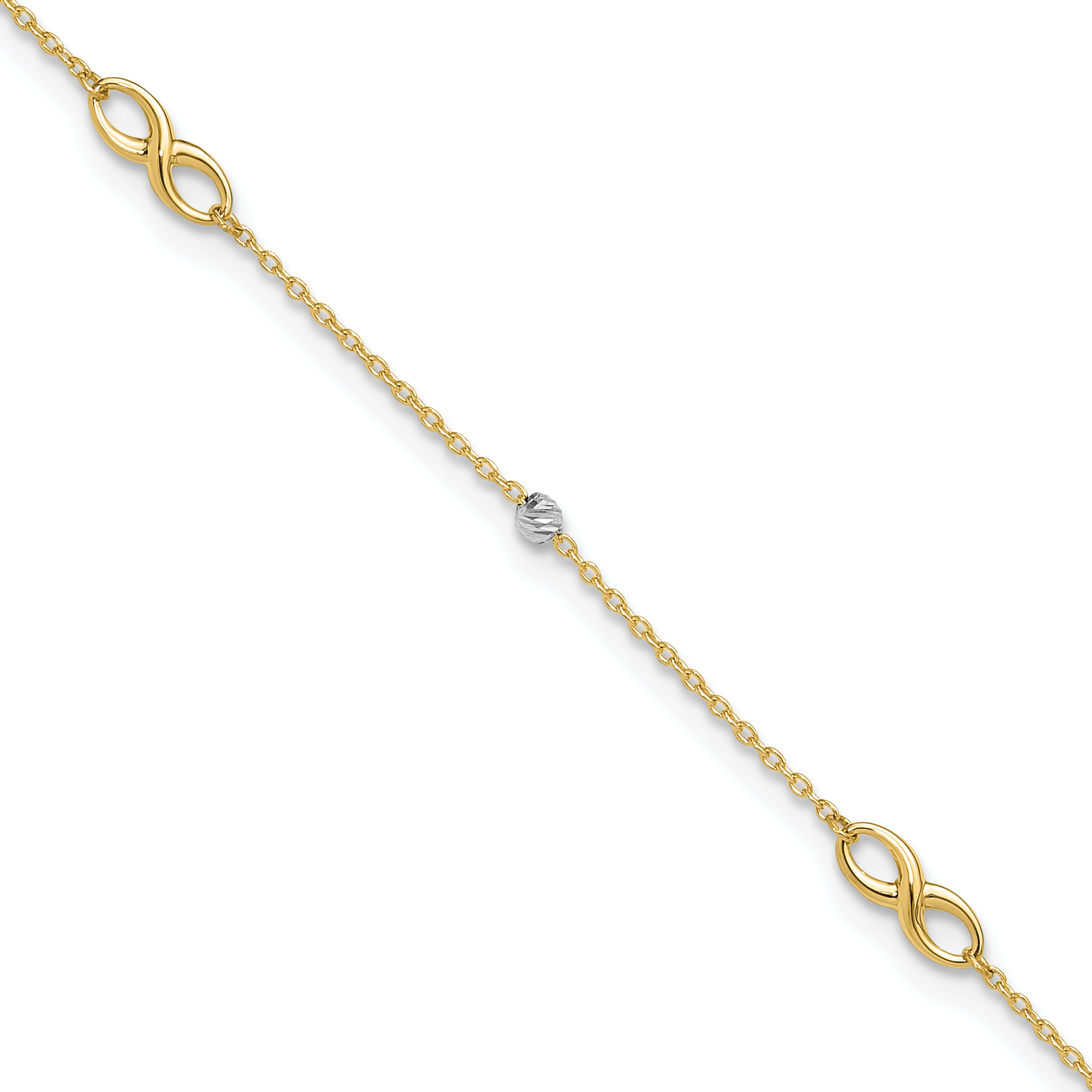 10K Two-Tone Diamond-cut Beads and Infinity 10in Plus 1in ext. Anklet (10ANK301-10)