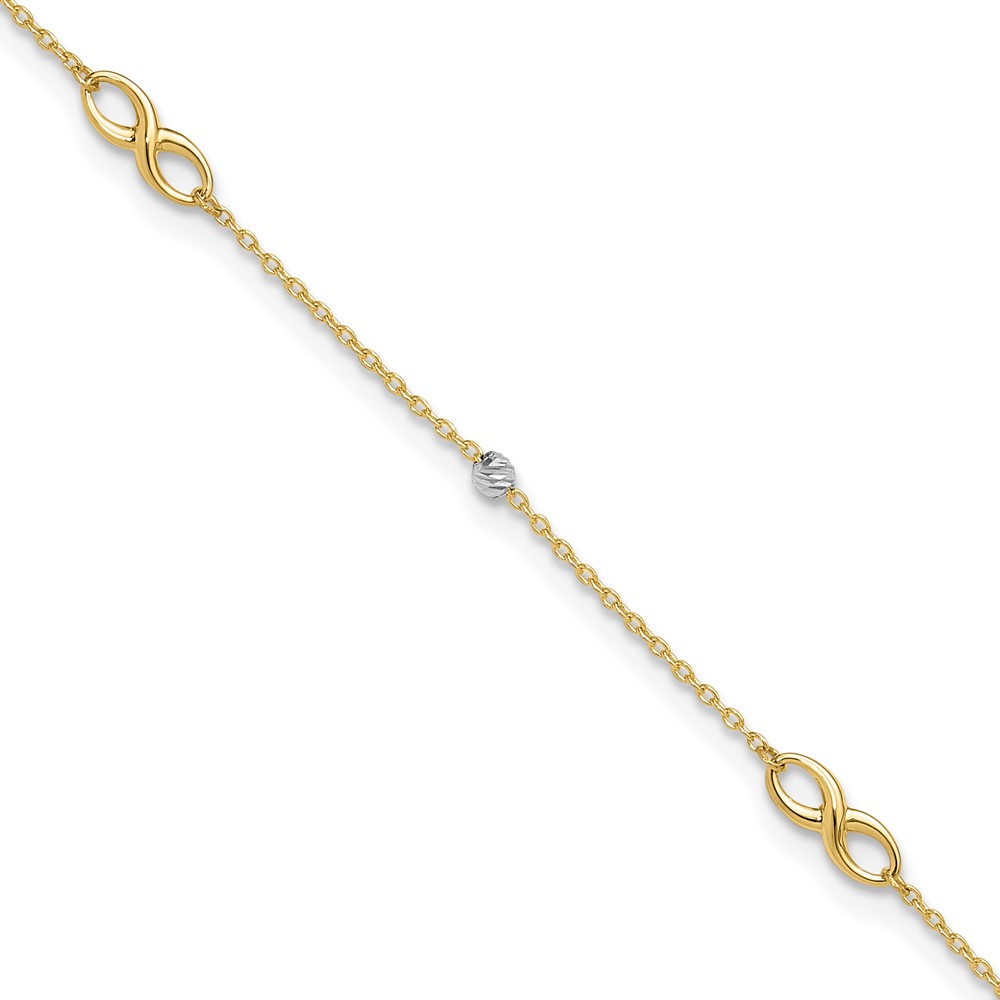 10K Two-Tone Diamond-cut Beads and Infinity 10in Plus 1in ext. Anklet (10ANK301-10)