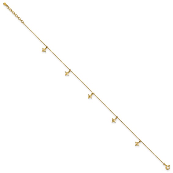10k Polished Diamond-cut Star Dangles 5-Station 9 inch Plus 1 inch Extender - Total 10 inch Anklet