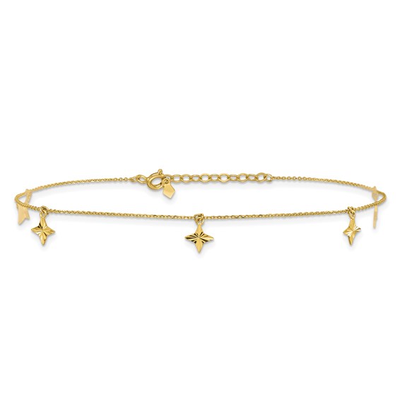 10k Polished Diamond-cut Star Dangles 5-Station 9 inch Plus 1 inch Extender - Total 10 inch Anklet