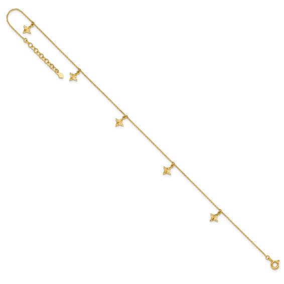 10k Polished Diamond-cut Star Dangles 5-Station 9 inch Plus 1 inch Extender - Total 10 inch Anklet