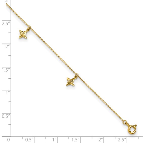 10k Polished Diamond-cut Star Dangles 5-Station 9 inch Plus 1 inch Extender - Total 10 inch Anklet