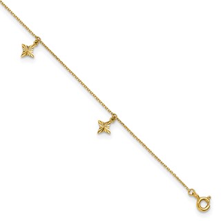10k Polished Diamond-cut Star Dangles 5-Station 9 inch Plus 1 inch Extender - Total 10 inch Anklet