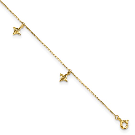 10k Polished Diamond-cut Star Dangles 5-Station 9 inch Plus 1 inch Extender - Total 10 inch Anklet