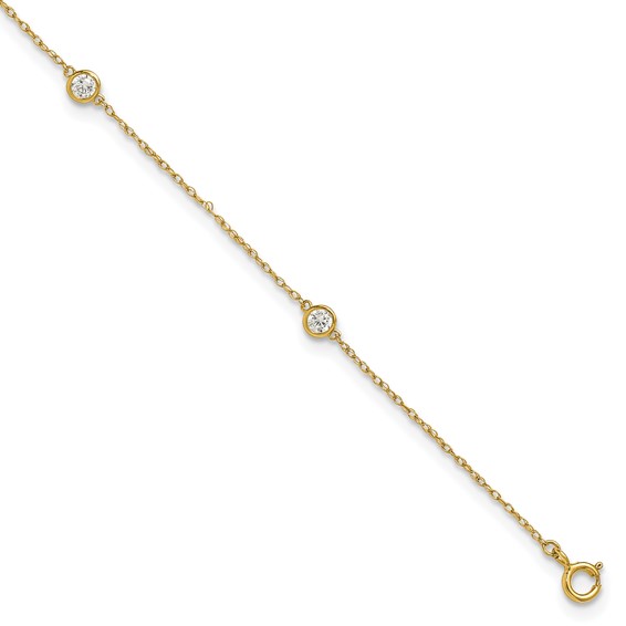 10k Polished Bezel-set 3.8mm CZ 5-Station 10 inch Anklet