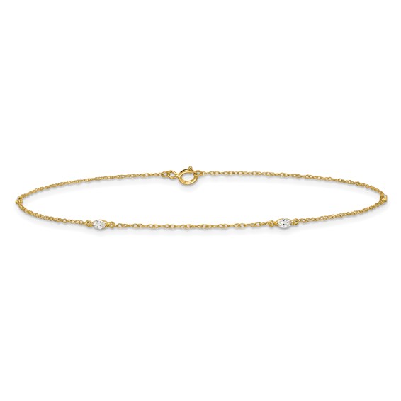 10k Polished Marquise CZ 4-Station 10 inch Anklet