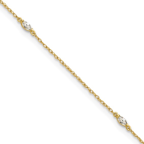 10k Polished Marquise CZ 4-Station 10 inch Anklet