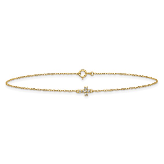 10k Polished CZ Cross 10 inch Anklet