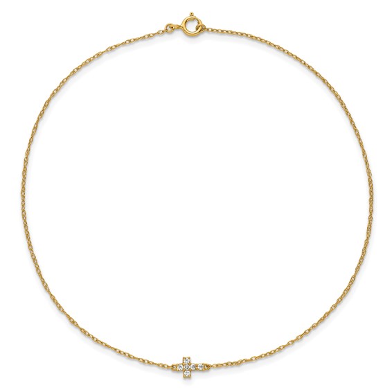 10k Polished CZ Cross 10 inch Anklet