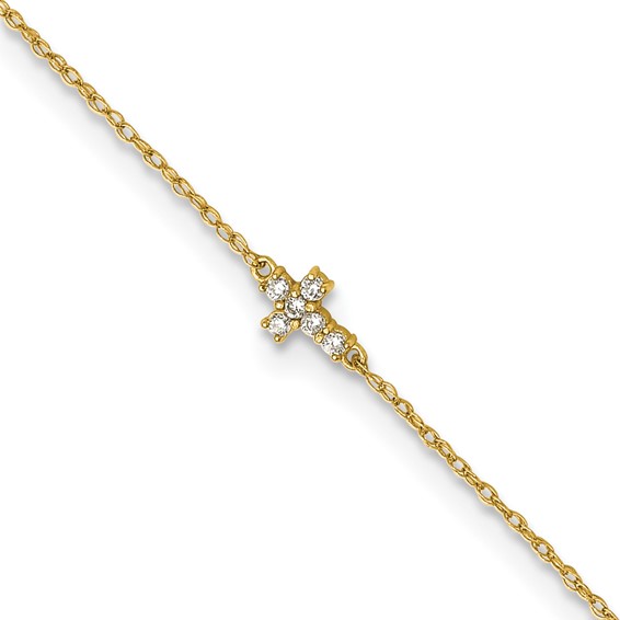10k Polished CZ Cross 10 inch Anklet