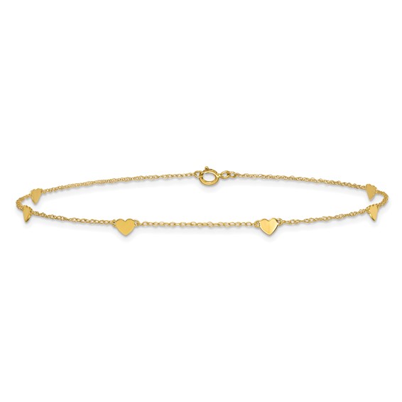 10k Polished Heart 6-Station 10 inch Anklet