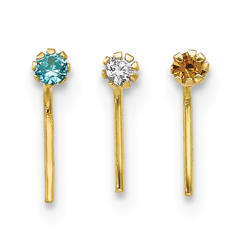 10K Yellow Gold 20 Gauge Set of Three 1.5mm Blue Clear Yellow CZ Nose Studs