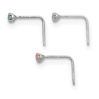 10K White Gold 20 Gauge Set of Three 1.5mm Blue Clear Pink CZ Nose Studs view 2