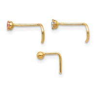 10K Yellow Gold 20 Gauge Set of Three 2.00mm Pink White CZ and Gold Ball Nose Studs view 2