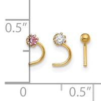10K Yellow Gold 20 Gauge Set of Three 2.00mm Pink White CZ and Gold Ball Nose Studs view 3