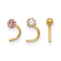 10K Yellow Gold 20 Gauge Set of Three 2.00mm Pink White CZ and Gold Ball Nose Studs view 1