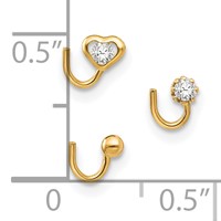 10K Yellow Gold 20 Gauge Set of Three Heart Round CZ and Gold Ball Nose Studs view 3